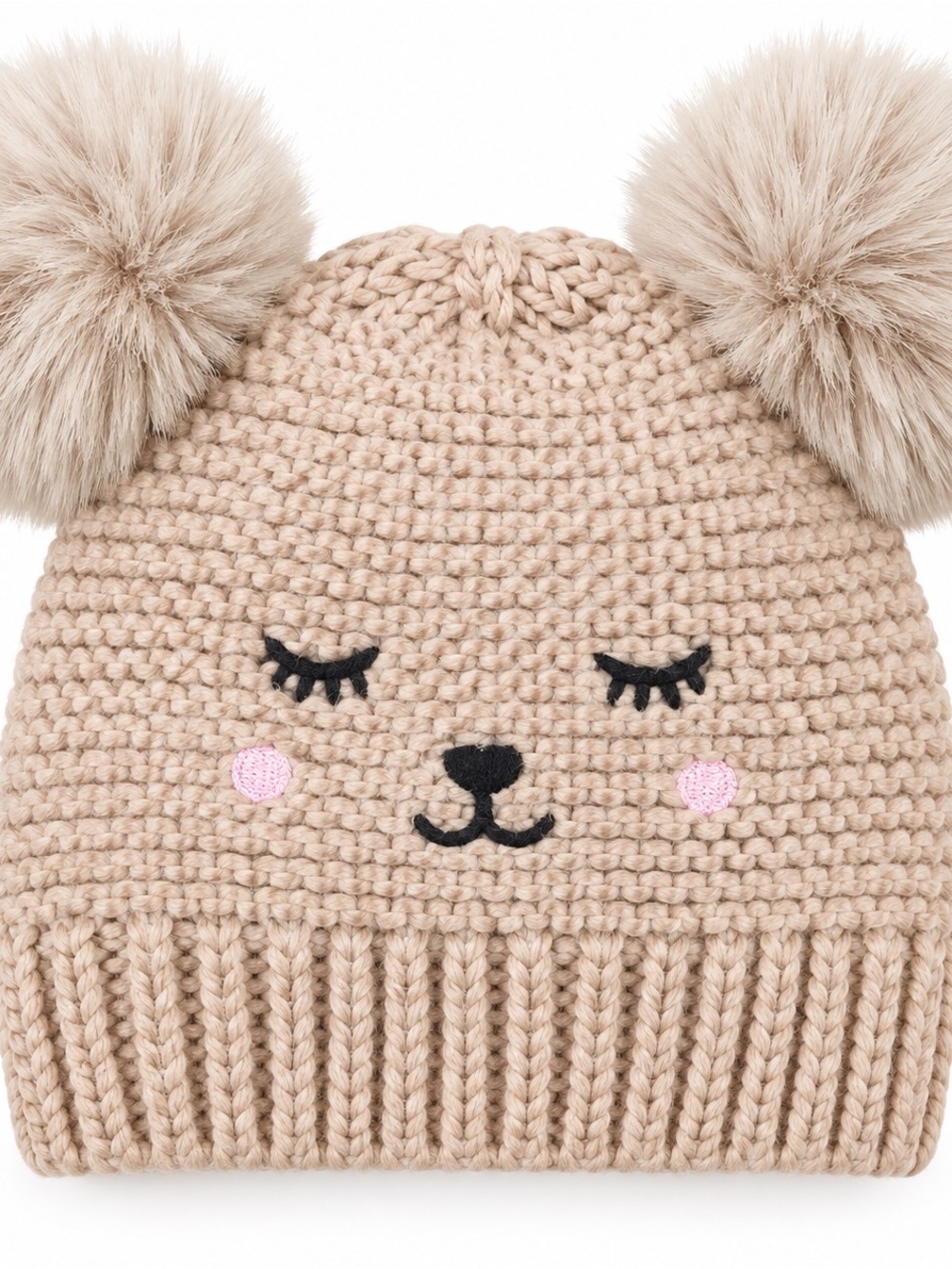 Kids Beige Knit Cat Beanie Hat Double Pom Pom Ears Winter Hat